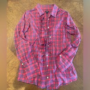 Best holiday shirt! Red plaid jcrew shirt with pleating